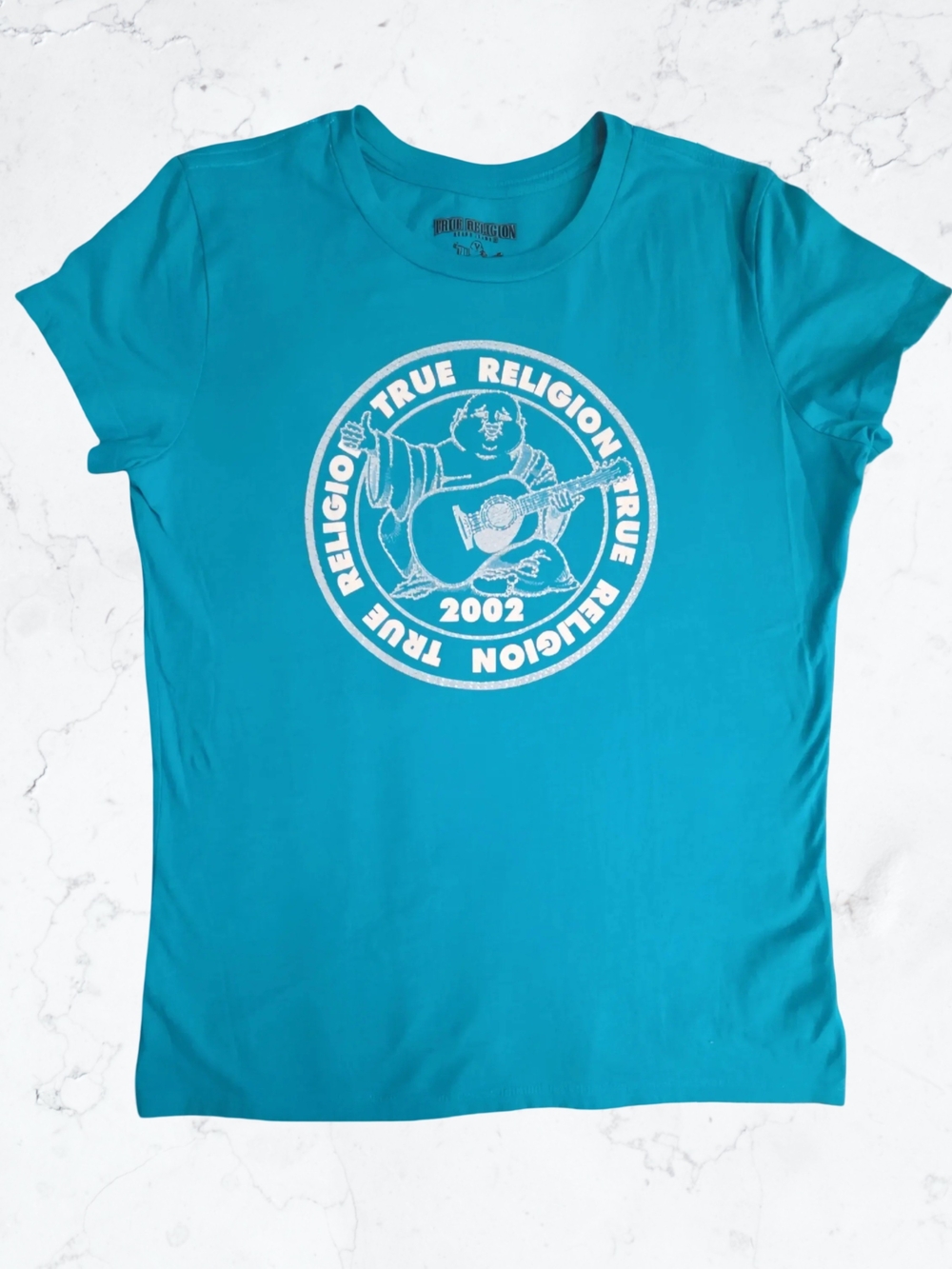 True Religion Buddha Graphic T-Shirt Women’s Large Turquoise Blue Bling Logo